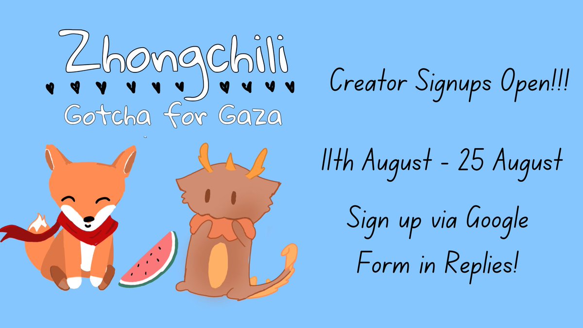 🔶💧🔶Creator signups are now OPEN! 💧🔶💧
🔗below!
Duration: August 11-August 25
Sign up as an artist or writer and help fulfill donor prompts for 🇵🇸! Those interested in donating please stay tuned for donation period starting August 26th!

#zhongchili #zhongli #childe