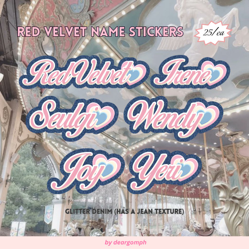 deargomph's tweet image. #gommiestickers

🎧 redvelvet name text stickers

💬 only 25 pesos each (available in glitter denim and holo dots pink) 

💿 wts lfb red velvet irene seulgi wendy joy yeri ph