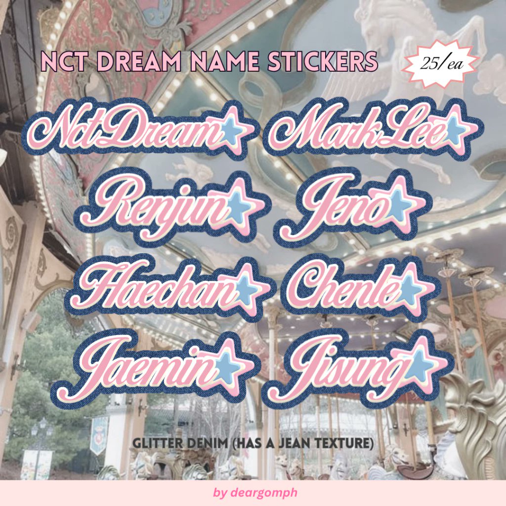 deargomph's tweet image. #gommiestickers

🎧 nct dream name text stickers

💬 only 25 pesos each (available in glitter denim and holo dots pink) 

💿 nct dream dreamies mark lee renjun jeno haechan chenle jaemin jisung ph