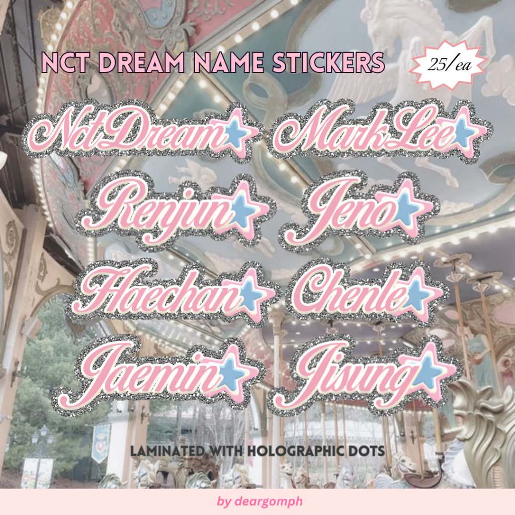 deargomph's tweet image. #gommiestickers

🎧 nct dream name text stickers

💬 only 25 pesos each (available in glitter denim and holo dots pink) 

💿 nct dream dreamies mark lee renjun jeno haechan chenle jaemin jisung ph