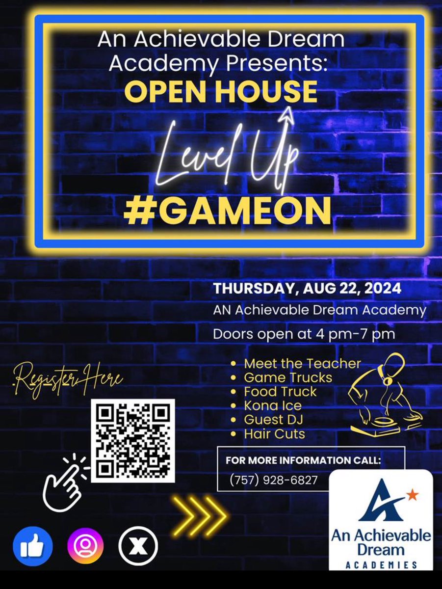 Join us for An Achievable Dream’s Open House✏️✂️📓🚌
Date: August 22nd 
Time: 4:00PM - 7:00PM
#onennps #levelup
Don’t miss out on this exciting start to the school year!  
💛Scan the QR Code to RSVP💙