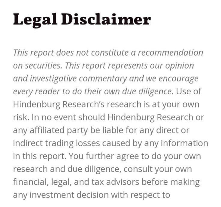 DrPraveenwrites's tweet photo. This guy will remain a Pappy forever - He doesnt even know Hindenberg's disclaimer at the end of the report!

They are saying this report is just their opinion and investigation commentary!

They received info from public sources and they are not legally responsible for accuracy of information!

This is not a financial report, it's a an opinion piece!

Pappu will always be a Pappu!