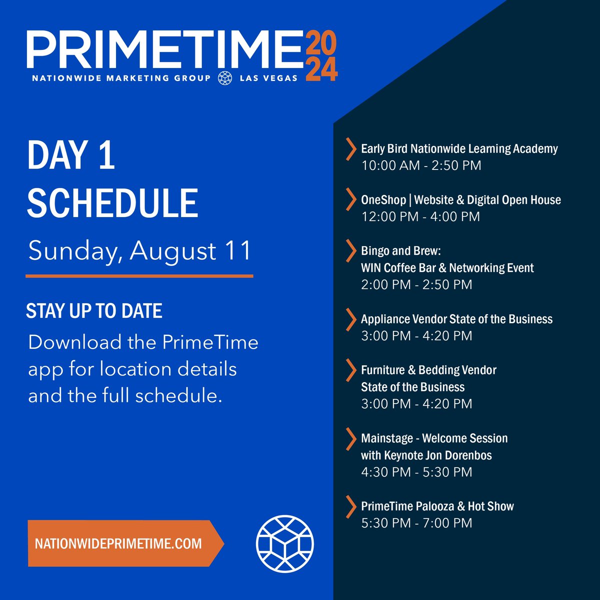 Welcome to Las Vegas! Day 1 of #NMGPrimeTime is officially underway, and we have a stacked schedule of events, including the Opening Keynote featuring celebrity Jon Dorenbos and our very own CEO Tom Hickman