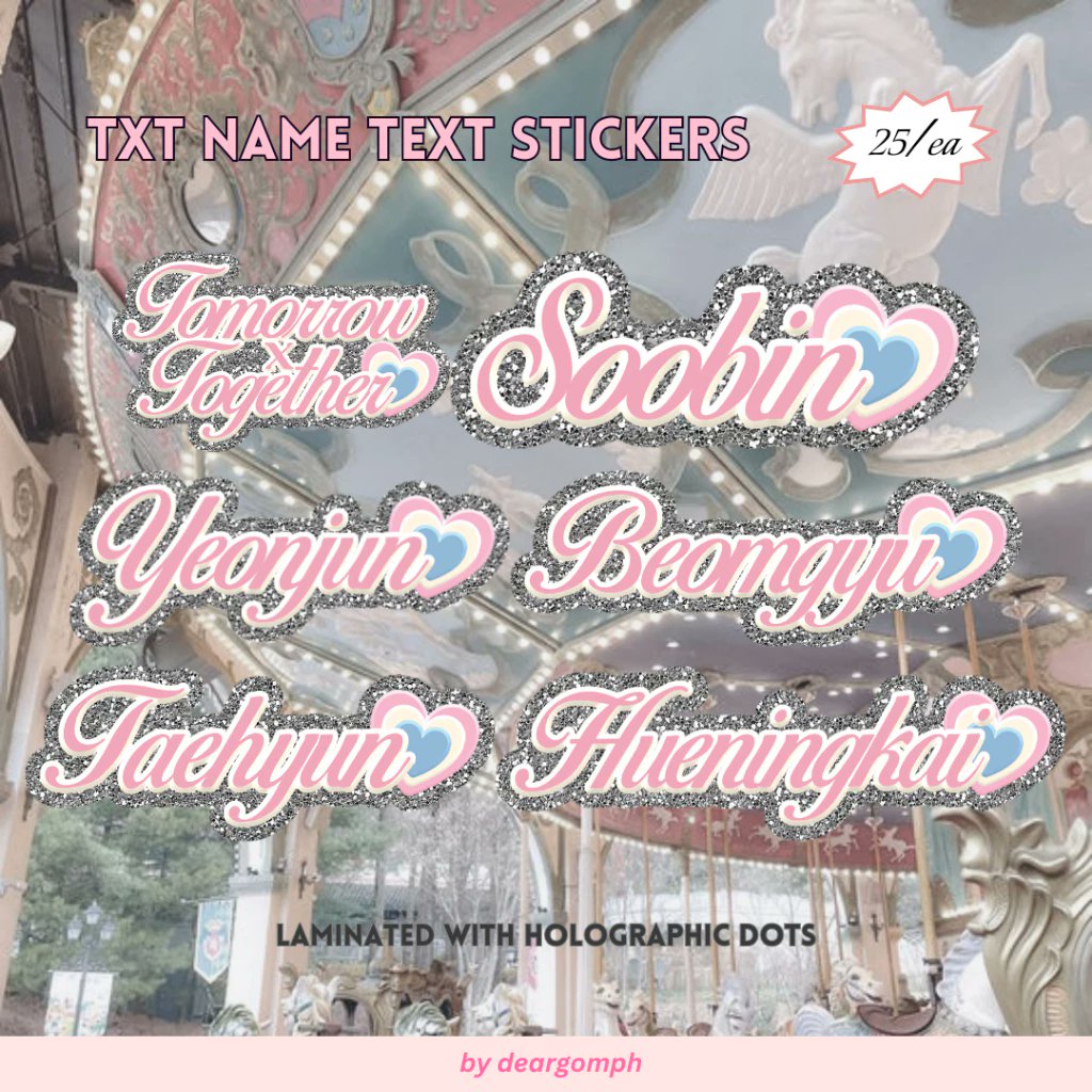 deargomph's tweet image. #gommiestickers

🎧 txt name text stickers

💬 only 25 pesos each (available in glitter denim and holo dots pink) 

💿 wts lfb txt tomorrow x together soobin yeonjun beomgyu taehyun hueningkai ph
