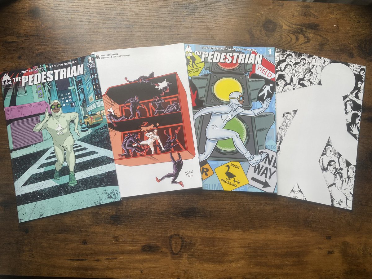 BEHOLD! All 4 covers for THE PEDESTRIAN #1 ON SALE NOW from <a href="/MagmaComix/">Magma Comix</a> 

Cover A: ME
Cover B: Dean (Dino!) Haspiel <a href="/deanhaspiel/">Dean Haspiel</a> 
Cover C: Mike &amp; Laura Allred <a href="/AllredMD/">Michael Allred</a> 
SDCC: ME

If you collect them all you win a prize.

My undying gratitude.
