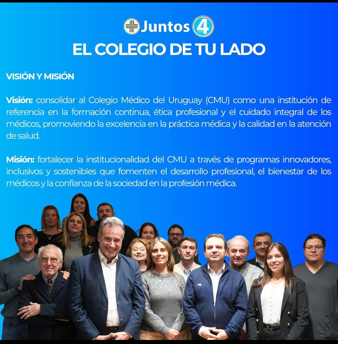 El 29/8 votamos la  lista 4 al Colegio Médico Nacional  con <a href="/DrDanielSalinas/">Daniel Salinas</a>  y un gran equipo de colegas <a href="/juntos_uy/">JuntosUY</a> <a href="/RodrigoPerna3/">Rodrigo Perna</a> <a href="/Veroperezpap/">Dra. Verónica Pérez Papadópulos</a> <a href="/AmorinDr/">Dr Ignacio Amorín Costábile</a> <a href="/gerardoeguren/">gerardo eguren</a> <a href="/HumbertoPrinzo/">Humberto Prinzo</a> <a href="/Fedecasaretto/">Federico Casaretto</a> <a href="/alvarodendi/">Alvaro Dendi 🌹</a>