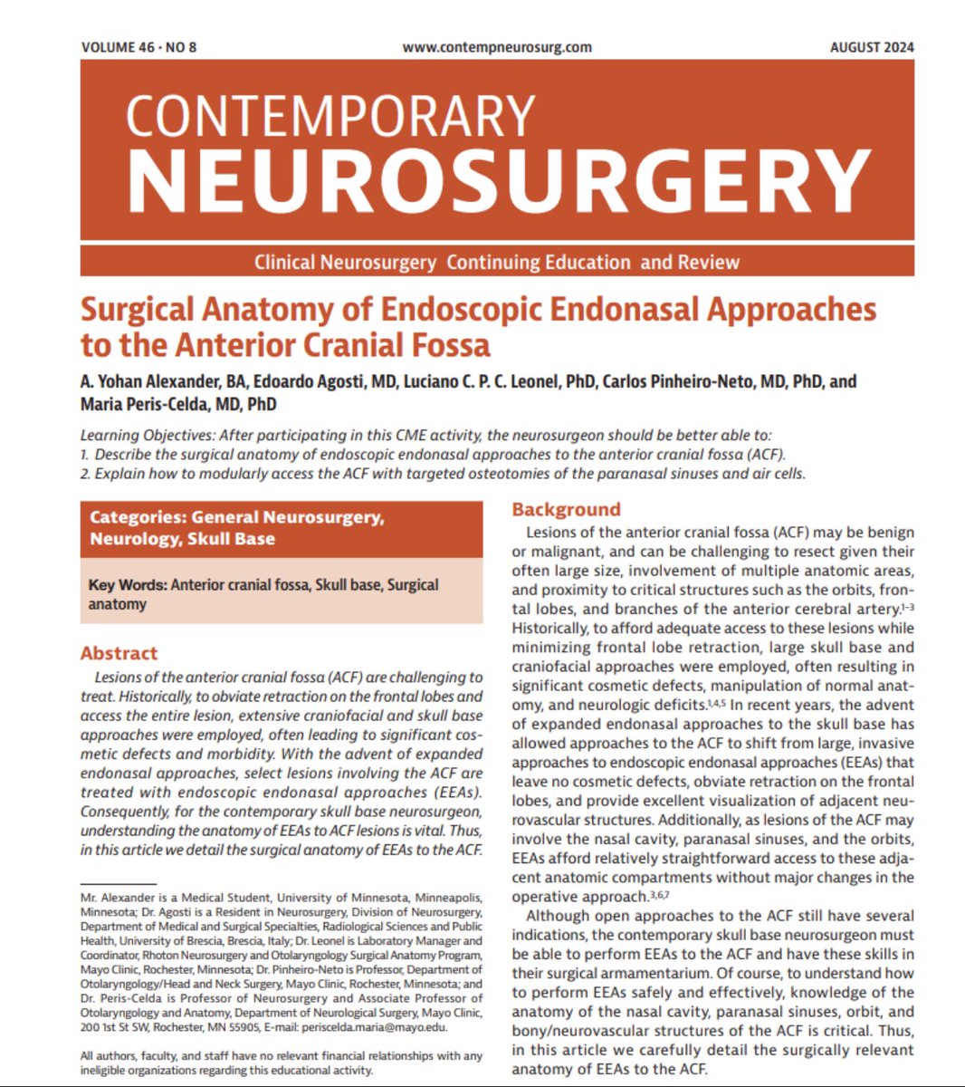Bernard Bendok, MD (@bernardbendokmd) on Twitter photo Please check out the latest issue of Contemporary Neurosurgery from Dr. Maria Peris-Celda and the Mayo Clinic Skull Base Team.
journals.lww.com/neurosurgery
<a href="/PerisCelda/">Maria Peris-Celda, MD PhD</a> <a href="/MayoClinicNeuro/">Mayo Clinic Neuro</a> <a href="/MayoClinic/">Mayo Clinic</a> <a href="/MayoProceedings/">Mayo Clinic Proceedings</a> <a href="/MayoCancerCare/">Mayo Clinic Comprehensive Cancer Center</a> Please check out the latest issue of Contemporary Neurosurgery from Dr. Maria Peris-Celda and the Mayo Clinic Skull Base Team.
journals.lww.com/neurosurgery
<a href="/PerisCelda/">Maria Peris-Celda, MD PhD</a> <a href="/MayoClinicNeuro/">Mayo Clinic Neuro</a> <a href="/MayoClinic/">Mayo Clinic</a> <a href="/MayoProceedings/">Mayo Clinic Proceedings</a> <a href="/MayoCancerCare/">Mayo Clinic Comprehensive Cancer Center</a>