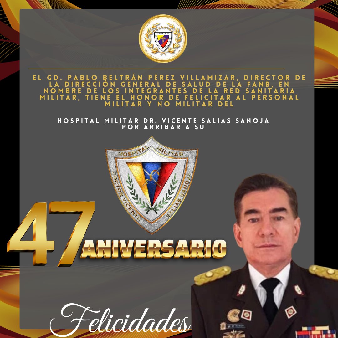 DigesaludFANB's tweet photo. La Familia #RedSanitariaMilitar se llena de Júbilo, se honra en felicitar y acompañar al personal del Hospital Militar Dr. Vicente Salias Sanoja por arribar a su 47º Aniversario de su fundación, llevando a cabo una labor invaluable.
@hospimilTiuna https://t.co/ofmWfM2ewF