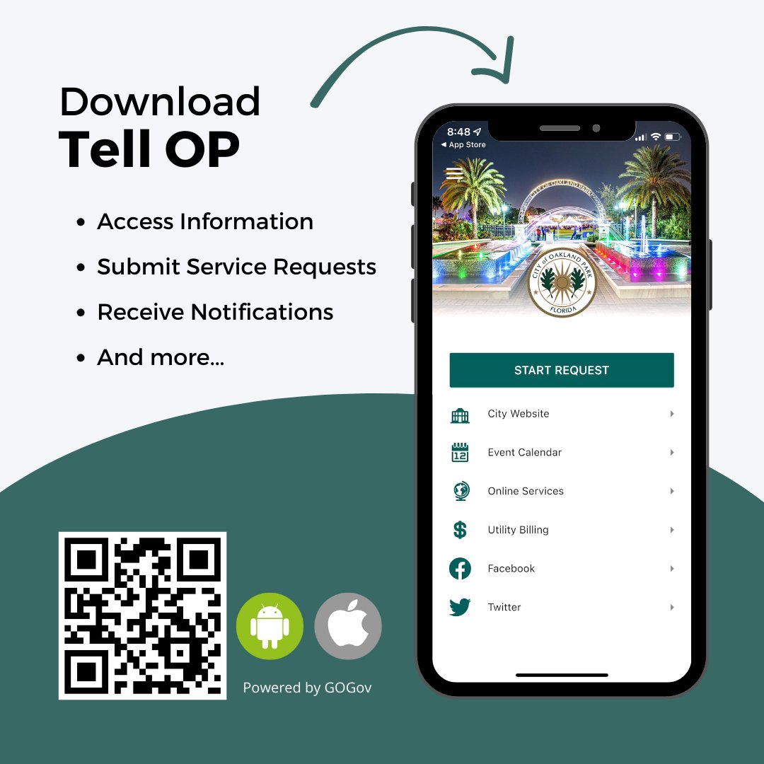 CityOaklandPark's tweet photo. Oakland Park residents and businesses can use Tell OP to contact customer service, pay a utility bill, and see upcoming events. Download the App Today!
https://t.co/tUr3EQXOae
#OaklandPark #CustomerService #CommunityApp #CityServices https://t.co/K0iitm7Y5w