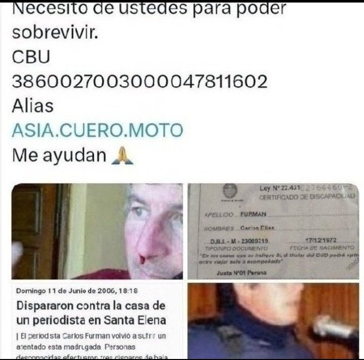 FurmanElias's tweet photo. Me pasé una vida luchando contra la corrupción, el narcotráfico,denunciando injusticias, A través de la radio juntando comida ,ropa ,remedios ,etc,para la gente y hoy soy yo el que necesita ayuda de todos ustedes. 
Me dan una mano por favor 🙏
Dios los va a Bendecir. 
RT RT RT https://t.co/VKAqsQK5BY