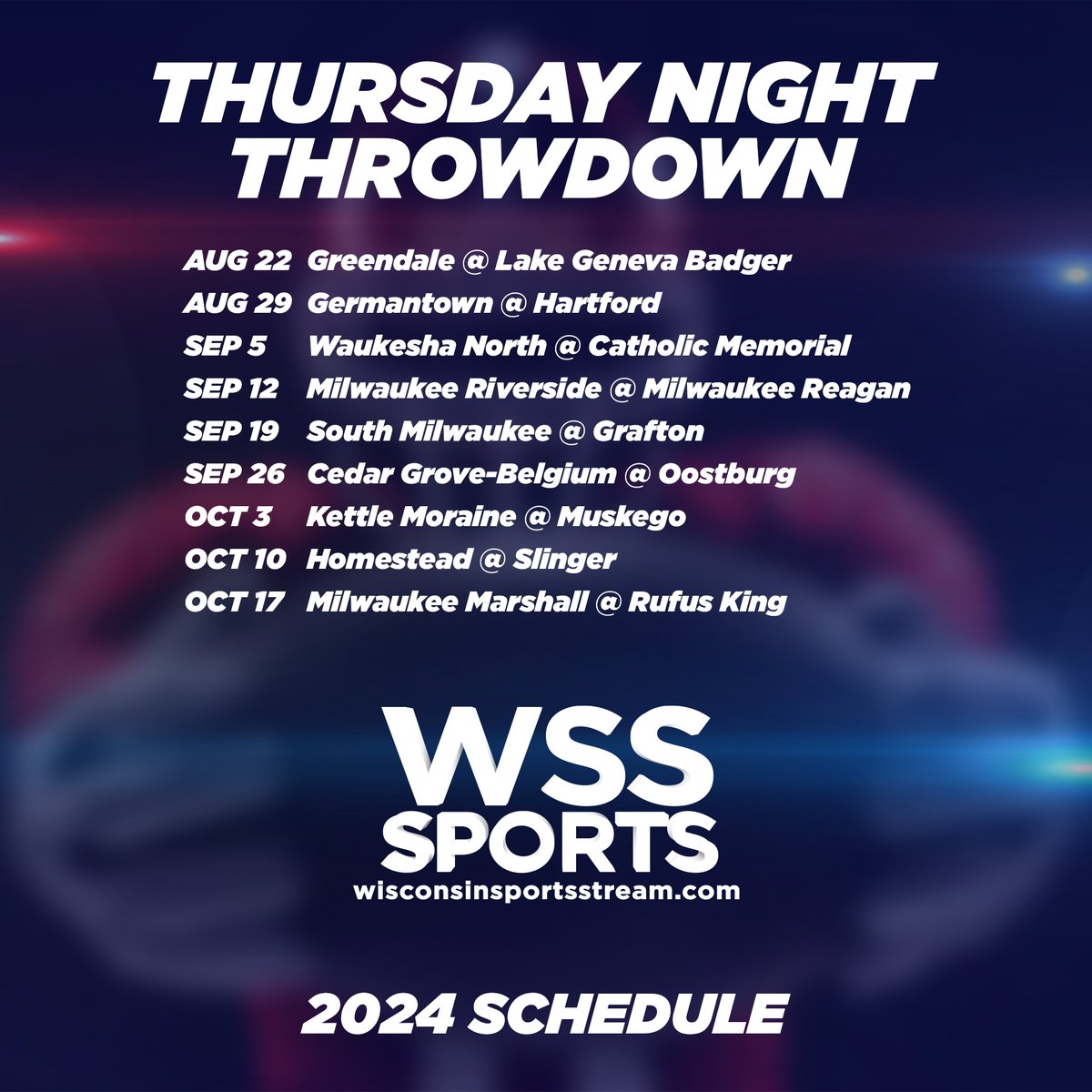 Thursday Night Throwdown Schedule:
<a href="/GPTC_reporter/">Greendale Football</a> <a href="/lgbadgerFB/">Badger Football</a> 
<a href="/Germantown3/">G-Town Football</a> <a href="/HUHS_Football/">Hartford Football</a> 
<a href="/WNFball/">Waukesha North Football</a> <a href="/cmhfootball/">CMH Football</a> 
<a href="/RUHS_Athletics/">Milwaukee Riverside Athletics</a> <a href="/ReaganHuskies/">Reagan HS Athletics</a>  
@SM__Football <a href="/GraftonBHFB/">Grafton Black Hawk FB</a>
<a href="/oostburgschools/">Oostburg School District</a> <a href="/CGBRockets/">CGB Rockets</a> 
<a href="/kmlasersfb/">KM Laser Football</a> <a href="/MuskegoHSFB/">Muskego Football</a> 
<a href="/GoHHSathletics/">HHS Athletics</a> <a href="/OwlsFB/">Slinger Football 🏈</a> 
<a href="/CoachDowery/">Anthony Dowery</a>