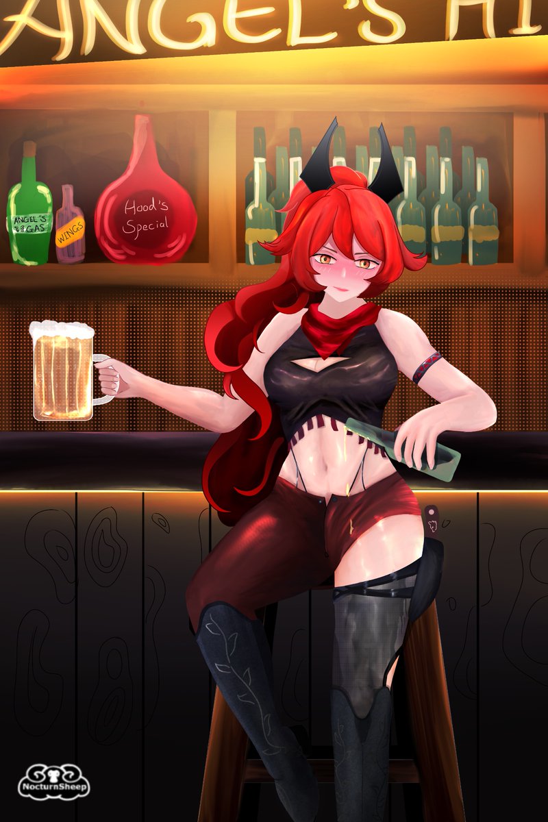 NocturnSheep's tweet photo. Red hood in her hometown's pub "Angel's Hips"
#RedHood  #NIKKE  
#レッドフード  
#勝利の女神ニケ https://t.co/kZardcyPvA
