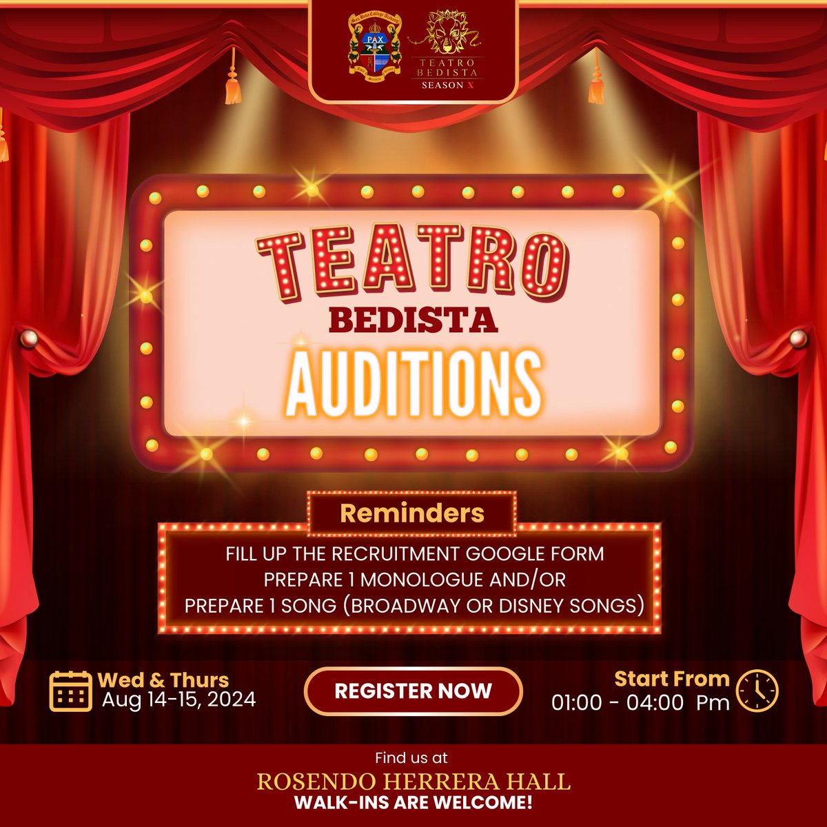 teatrobedista's tweet photo. It’s your time to shine!

Teatro Bedista will be holding auditions this Wednesday and Thursday, August 14-15, 2024, from 1:00 to 4:00 PM at Rosendo Herrera Hall.

Note: Walk-ins are allowed Just fill in this Google Form!

LINK:
https://t.co/7DpSTnF8y0

See you there thespians!🎭 https://t.co/TZvjenWNKJ