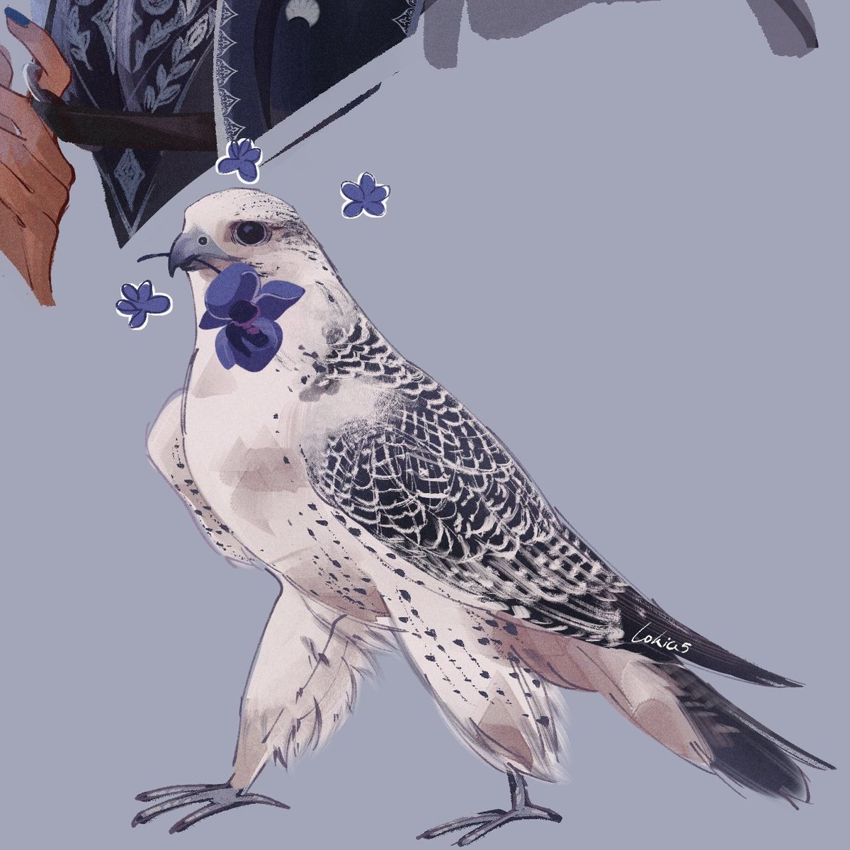 Lokice5's tweet image. Last but not least welcome the babyー Hakim!! (Hakim is Intisar's familiar) Boi is walkin' around with blue orchid on his beak 😭🤲💙❀💙❀ #touchstarvedgame #elyon #intisar