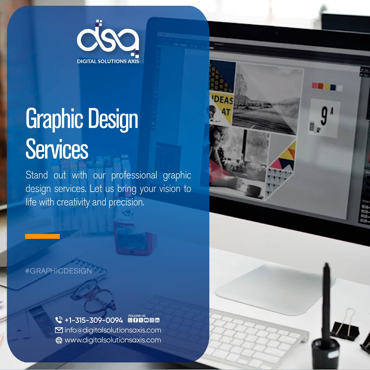 DigitalsAxis's tweet image. ๐จ "Elevate your brand's visual impact with our expert graphic design services at #DigitalSolutionsAxis. From logos to marketing materials, we create designs that captivate and communicate your brand's essence effectively. Our team blends creativity with strategy to ensure yo ...