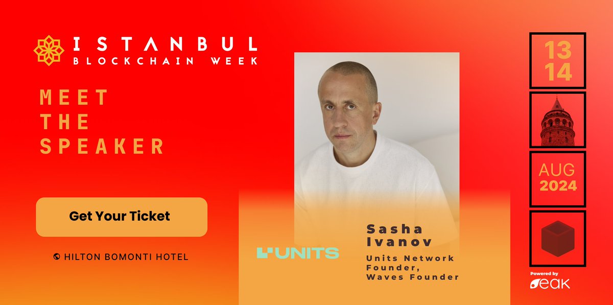 Excited to welcome <a href="/sasha35625/">Sasha.waves</a>, founder of <a href="/wavesprotocol/">Waves 🌊</a> and <a href="/UnitsNetwork/">Units.Network</a>, to #IBW2024! 🗣️

From launching Waves in 2016 to innovating with Units Network, Sasha is a true blockchain pioneer.

Looking forward to hearing his insights! 🌐

🎫 istanbulblockchainweek.com/tickets/.