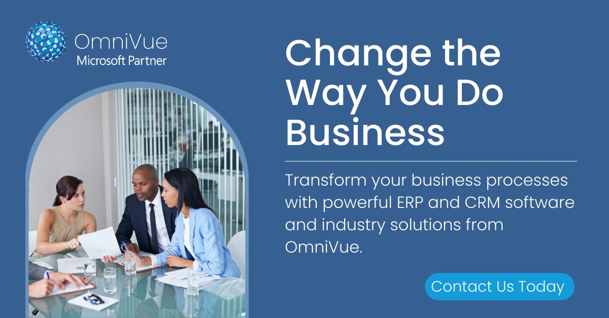 OmniVue's tweet image. Integrating your sales, marketing, finance, and operations data for a complete business view! Contact us here: okt.to/Mvmc5G 

#OmniVue #SeeYourWorld #CRM #ERP #B2B #DynamicsCRM #Sales #Finance #Operations #DynamicsBusinessCentral #MicrosoftPartner #DynamicsPartner