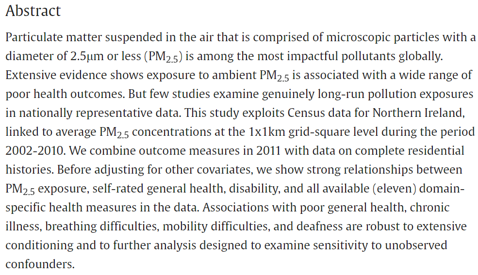 Just accepted: "Long-term Exposure to Ambient PM2.5 and Population Health: Evidence from Linked Census Data", by Rowland, McVicar, Vlachos, Jahanshahi, McGovern, &amp; O’Reilly. Link: doi.org/10.1016/j.ehb.…
