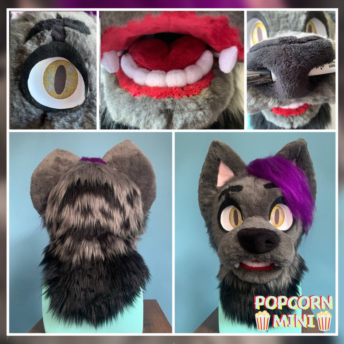 Please welcome Lupus my latest addition to the Popcorn Mini family!🥰🍿

This grey wolf head features a pickable nose, an eyebrow slit, purple wefted hair, and many spots!😍

Collage by <a href="/Wotsit_rat/">🌟Mikmik🌟</a> 
#popcornmini #fursuit