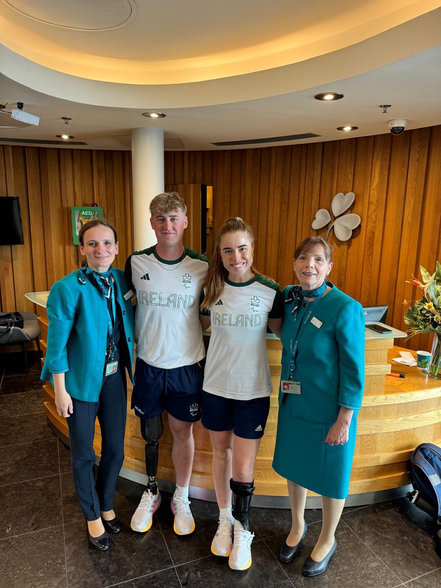 ParalympicsIRE's tweet photo. Home advantage! ☘️

Our rowers Katie O’Brien and Tiarnán O’ Donnell are the latest athletes on their way to training camp but not before some top class hospitality from Aer Lingus before take off.

#TheNextLevel | #Paris2024 | #TeamIreland | #HomeAdvantage https://t.co/XP4bb930V3