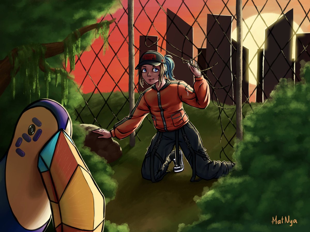 martimsia's tweet photo. Late post of late artfight revenge for @FRMFrame 
I really like the bird's design ^^ and had fun with more contrasting light than usual (and bushes, I'm really proud of the bushes)

#artfight #artfight2024 https://t.co/A34ybo2LY2