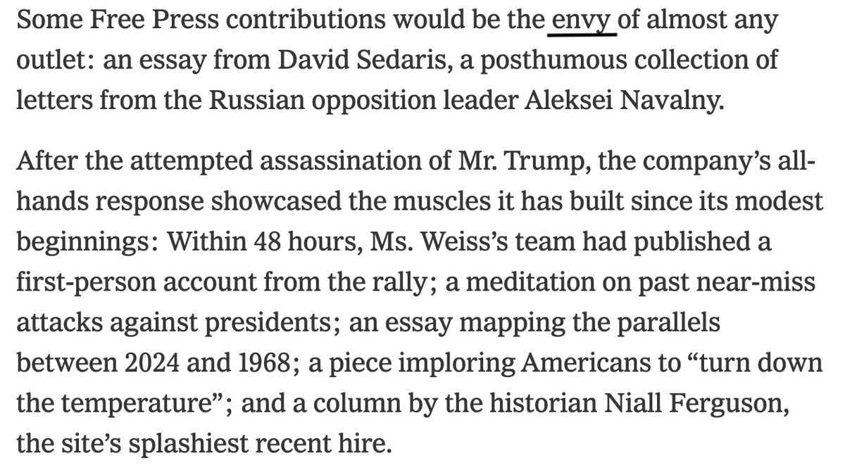 coldxman's tweet photo. The passage below reveals the true motive behind the NY Times hit piece on Bari and the Free Press: envy.

When Bari left the Times in 2020, her career was supposed to die a quick death, as far as they were concerned. Instead, she won the break up by doing what few people thought possible: creating a real competitor to legacy media outlets. 

What irks them most is not that Bari curates interesting articles. It's that she also gets the kind of insane scoops that are supposed to be the special province of legacy media––e.g., Aleksei Navalny's posthumous letters!

That turns the Free Press from an interesting newsletter into something far scarier: a true competitor.

It was considered impossible to create a  competitor to legacy car companies. Then Tesla did it. And the incumbents hated them for it. 

It was considered impossible to create a competitor to legacy media outlets that have brand loyalty going back a century.
 
Now the Free Press has done it and, predictably, the incumbents hate us for it.  @bariweiss @TheFP @nytimes