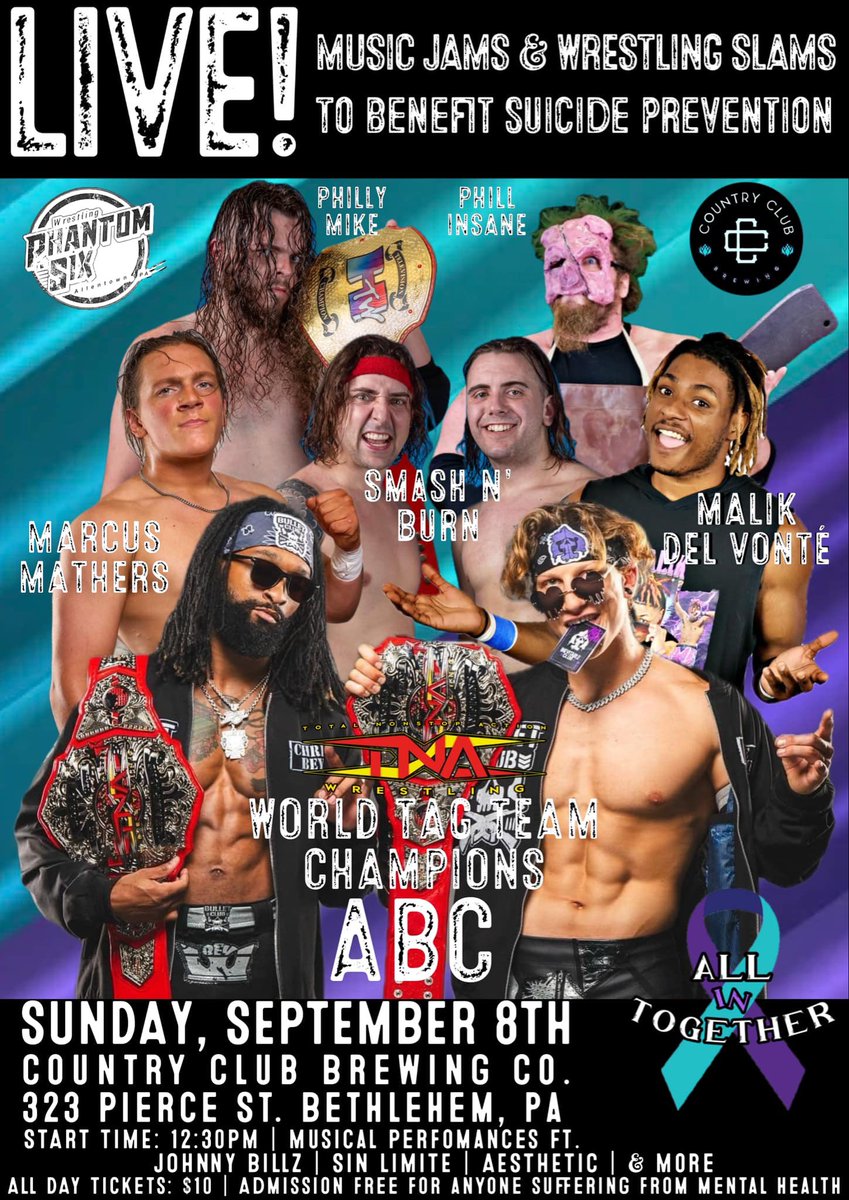 PhantomSixPW's tweet photo. Sunday Sept 8th! Great music great wrestling and great beer! All for suicide prevention! https://t.co/6iJBrcet9q