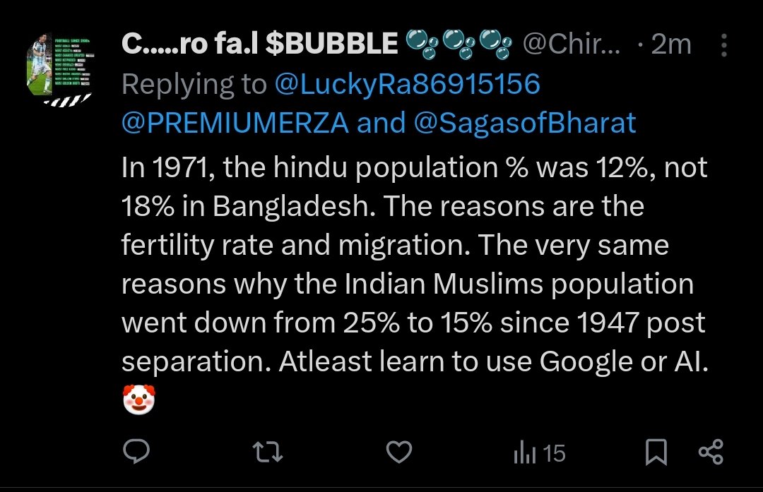 ChiroFarl's tweet photo. @advsanjjiiv @PREMIUMERZA I explained it to the uneducated curious souls. From 1951 to 1971, the population was reduced due to migration (1971 - 60 million hindus went to India as official refugees) and increasing population growth of Bangladesh. https://t.co/oEMVowcJha