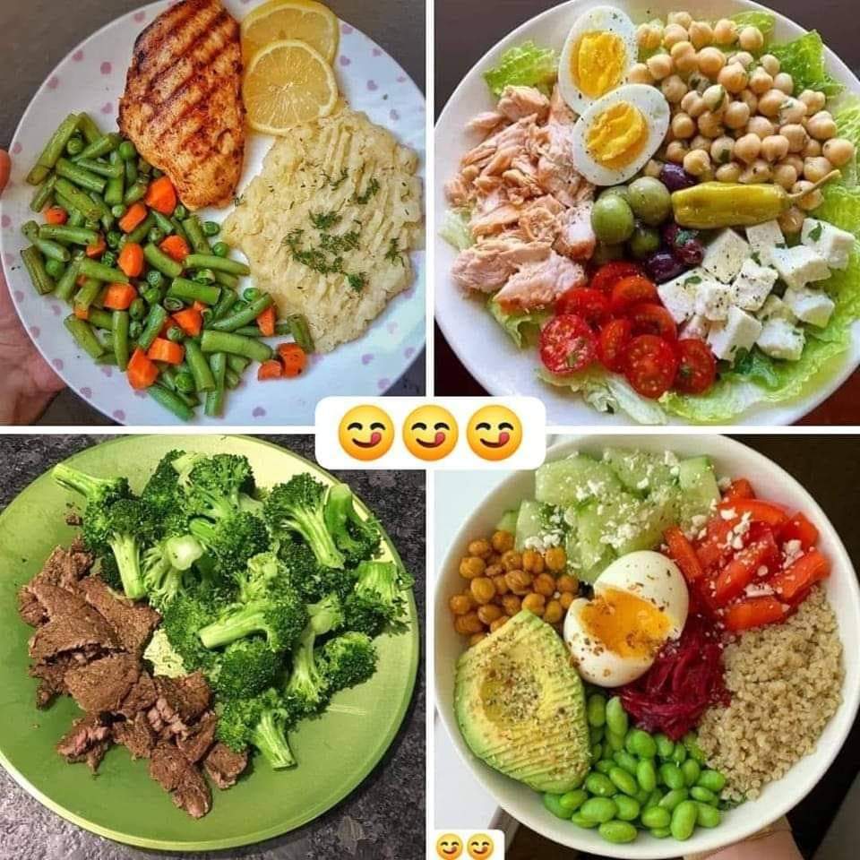 Ideas para tus comidas 🥬🍞🥑🍅🥗🥦🍗
Opción 1
Pechuga de pollo a la plancha
Ejotes y zanahorias 🥕 asadas
Puré de papa (una papa hervida, machacada y sazonada con sal, pimienta y cilantro 🌿)
Limón al gusto

Opción 2
Ingredientes 🥗
Atún 🐟, huevo 🥚, garbanzos 🫘, lechuga 🥬,