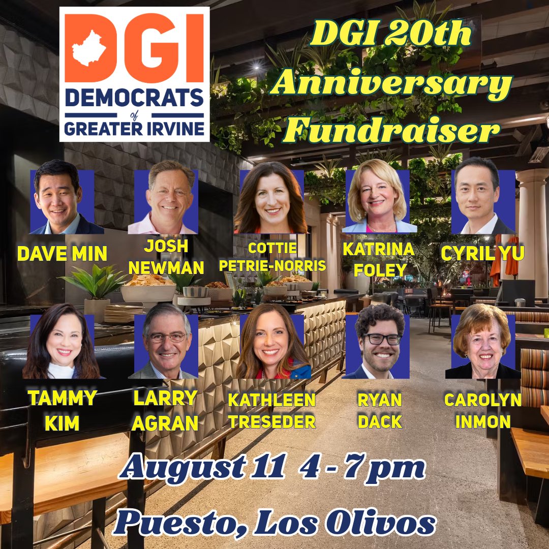 Democrats of Irvine (@demsofirvine) on Twitter photo 🚨 Last-Minute Alert! 🚨 There’s still time to join us TODAY for DGI’s 20th Anniversary Fundraiser from 4-7 pm at Puesto! Don’t miss out on an amazing evening with special guests like Dave Min, Josh Newman, Cottie Petrie-Norris & more! 🎉 
Tickets: secure.actblue.com/donate/dgi-20th 🚨 Last-Minute Alert! 🚨 There’s still time to join us TODAY for DGI’s 20th Anniversary Fundraiser from 4-7 pm at Puesto! Don’t miss out on an amazing evening with special guests like Dave Min, Josh Newman, Cottie Petrie-Norris & more! 🎉 
Tickets: secure.actblue.com/donate/dgi-20th
