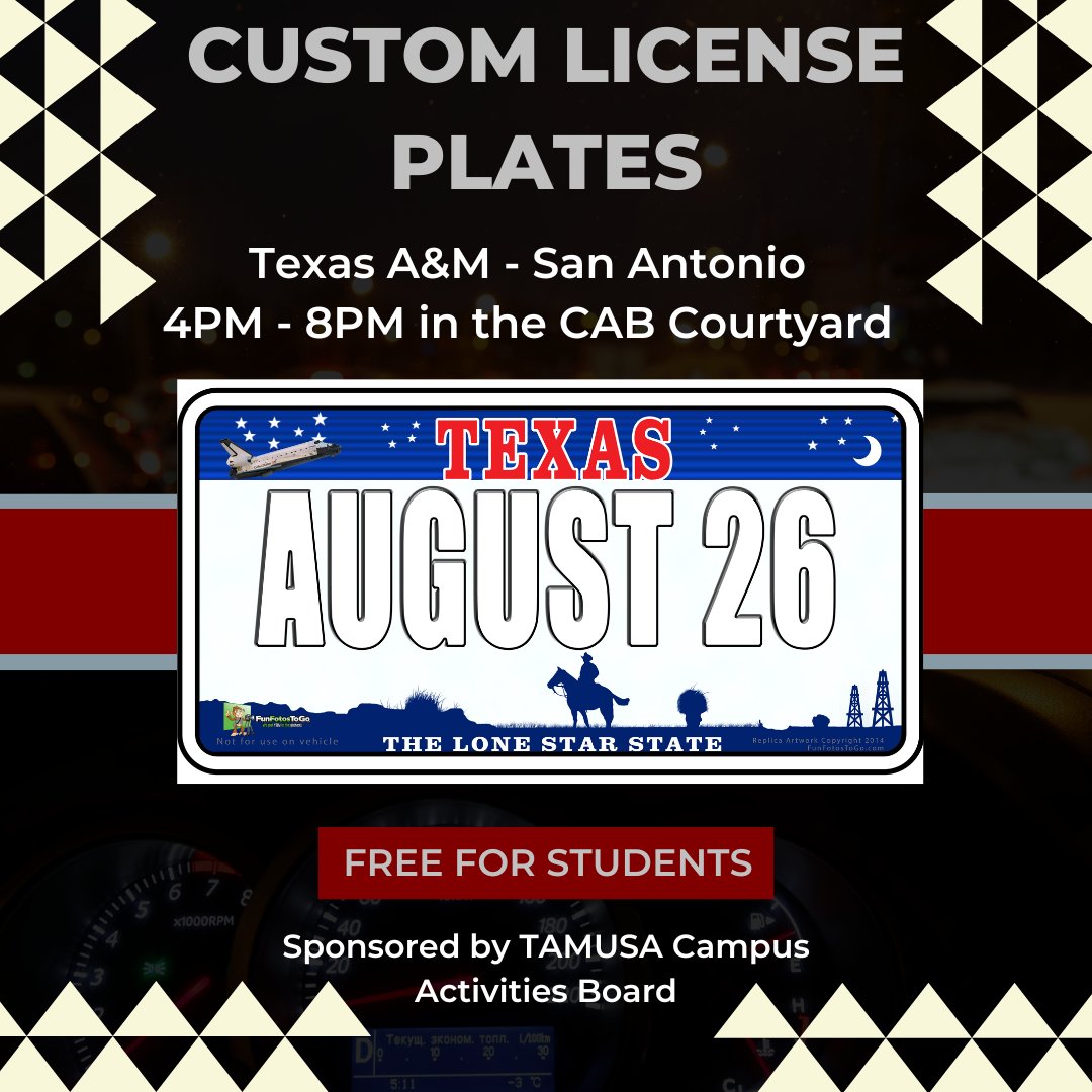 FunFotosToGo's tweet photo. 🚗 Texas A&amp;M San Antonio Jaguars, rev up for custom license plates today! 🚙 Join us in the CAB Courtyard from 4-8 pm to create your personalized plate! These events are always popular, so don’t miss out! 🐾 #ToGoEvents #FunFotosToGo #CollegeNovelties #CollegeEntertainment https://t.co/8KlQGbOAm7