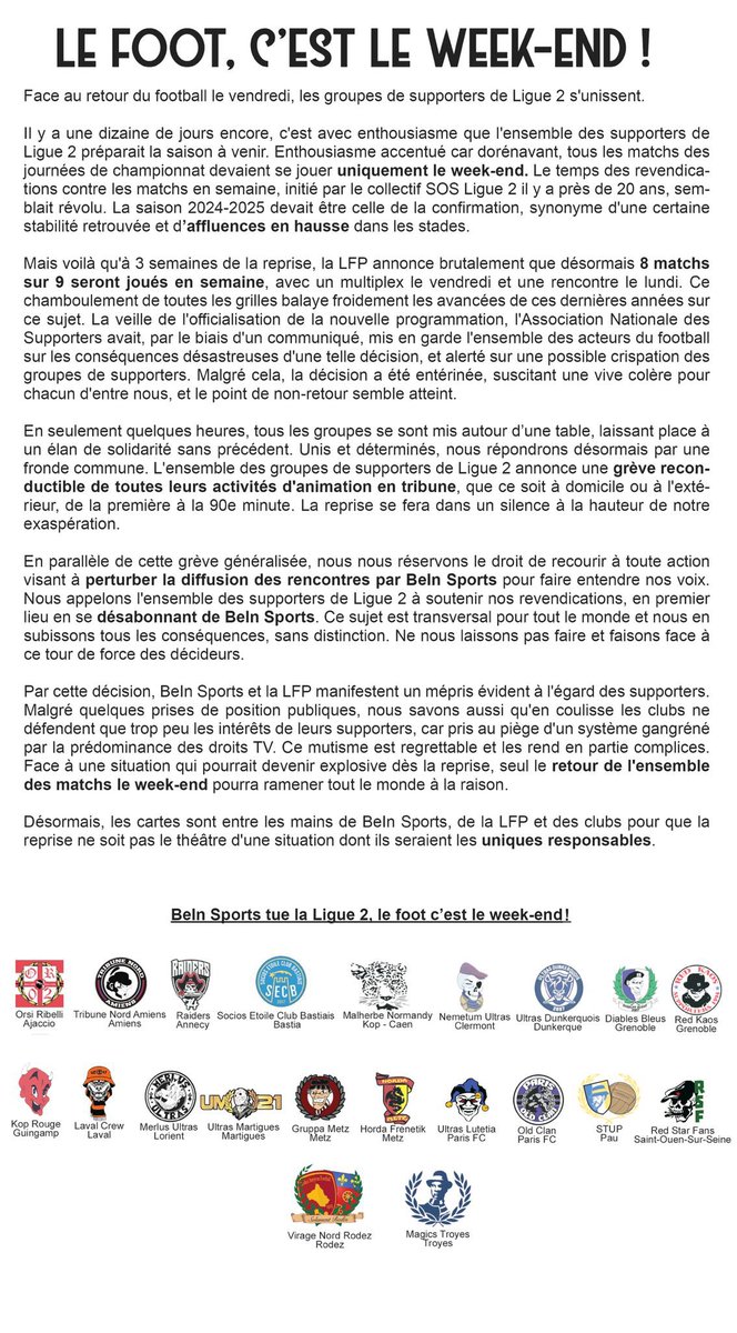 [COMMUNIQUÉ COMMUN GROUPES DE SUPPORTERS DE L2]

BeIn Sports tue la Ligue2 
Le foot, c’est le week-end !

Pétition : change.org/p/non-à-la-nou…