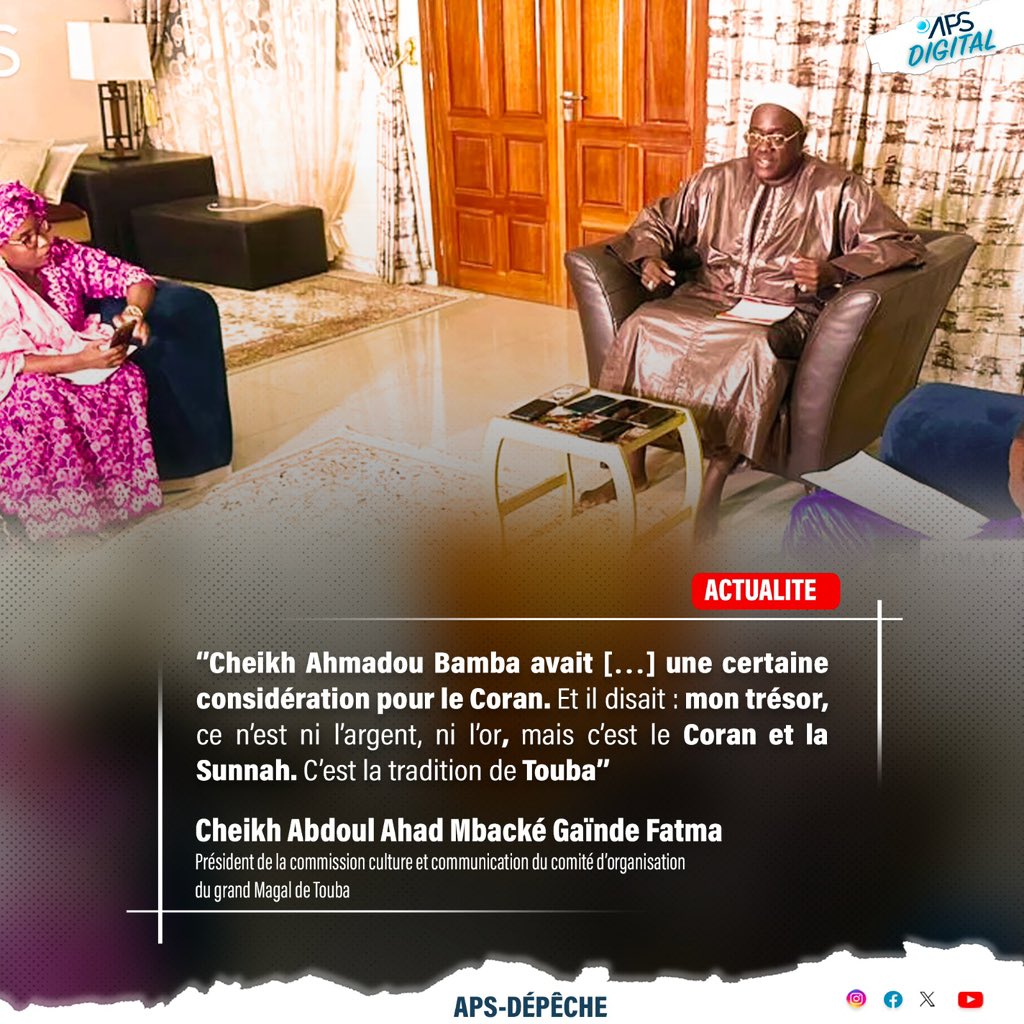 APS_Senegal's tweet photo. 🔵 L’#héritage de #Cheikh #Ahmadou #Bamba, le #fondateur du #mouridisme, est bien #préservé, a assuré Cheikh Abdou Lahat Mbacké Gaïnde Fatma, président de la commission Culture et Communication du Grand Magal de Touba. https://t.co/hXegcm2vHw