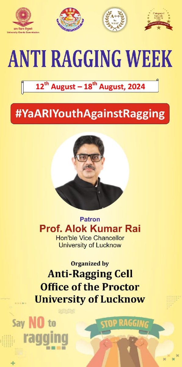ProctorUoL's tweet photo. University of Lucknow stands united against ragging! Join us in celebrating Anti-Ragging Week and fostering a safe, respectful campus for all.  #YaARIYouthAgainstRagging
#NoToRagging #LucknowUniversity 
@ugc_india @GovernorofUp @UPGovt @lkouniv @profalokkumar @RakeshdwivediDr https://t.co/XNF8lHOhvM