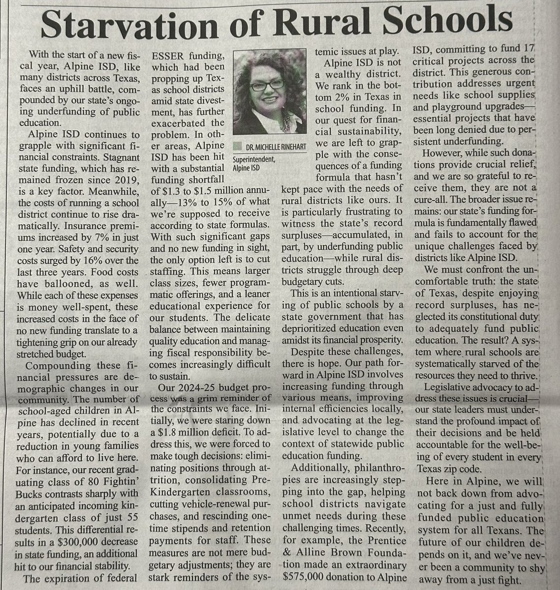“We must confront the uncomfortable truth: the state of Texas, despite enjoying record surpluses, has neglected its constitutional duty to adequately fund public education. The result? A system where rural schools are systematically starved of the resources they need to thrive.”