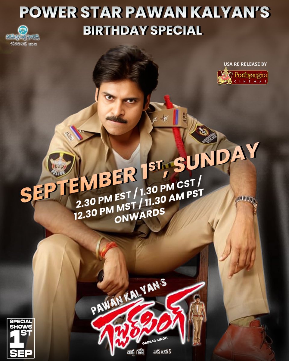 PrathyangiraUS's tweet photo. The #OG film #GabbarSingh is back to bring the festival to the screens 🔥

Grand Special shows on September 1st 💥

Let’s make this birthday one to remember ❤️‍🔥 

🇺🇸 by @PrathyangiraUS 

@PawanKalyan @harish2you @shrutihaasan @ganeshbandla https://t.co/veDTKkP8bu