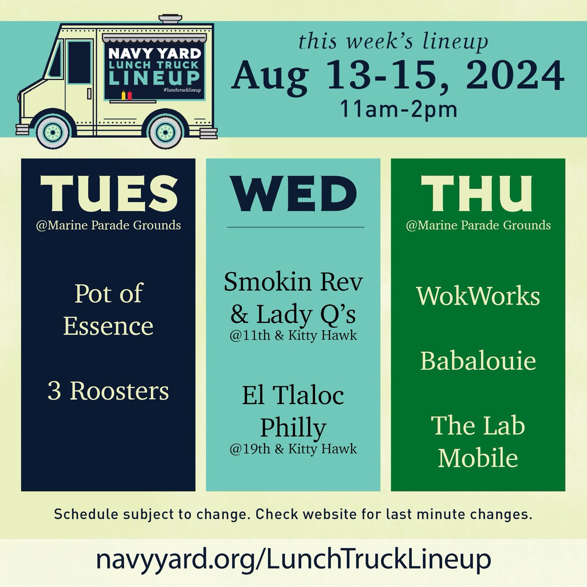 NavyYardPhila's tweet image. Looking to change up your lunch this week? Check out this week's #lunchtrucklineup

Tues - Pot of Essence and 3 Roosters
Wed - Smokin Rev &amp;amp; Lady Q's and El Tlaloc Philly
Thurs - @wokworks, Babalouie, and The Lab Mobile 

#navyyardeats #discovertheyard