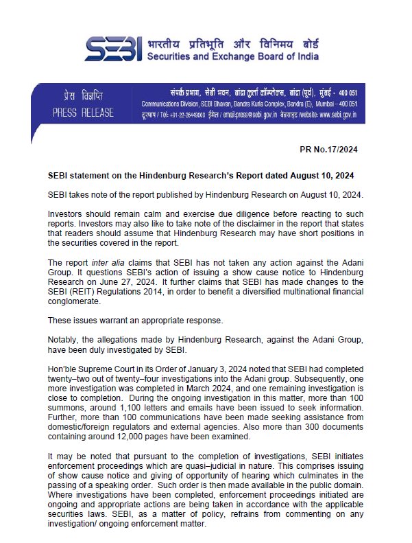 LiveLawIndia's tweet photo. SEBI issues statement on #HindenbergReport https://t.co/dg0UIeQE6s