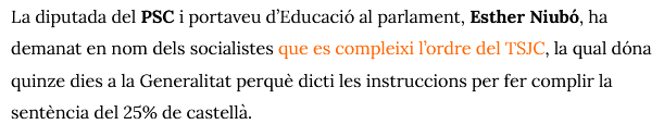 Fa dos anys, <a href="/EstherNiubo/">Esther Niubo</a> demanava el compliment de les sentències del 25% de castellà a les escoles.
Ara serà la consellera d'Educació.