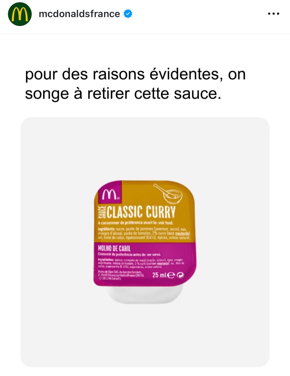 HuinGuillaume's tweet image. McDonald's France cheekily announced they're thinking about removing the "Curry" sauce for the next 4 years, following yesterday's basketball Olympic final between the USA and France and Steph Curry's generational performance