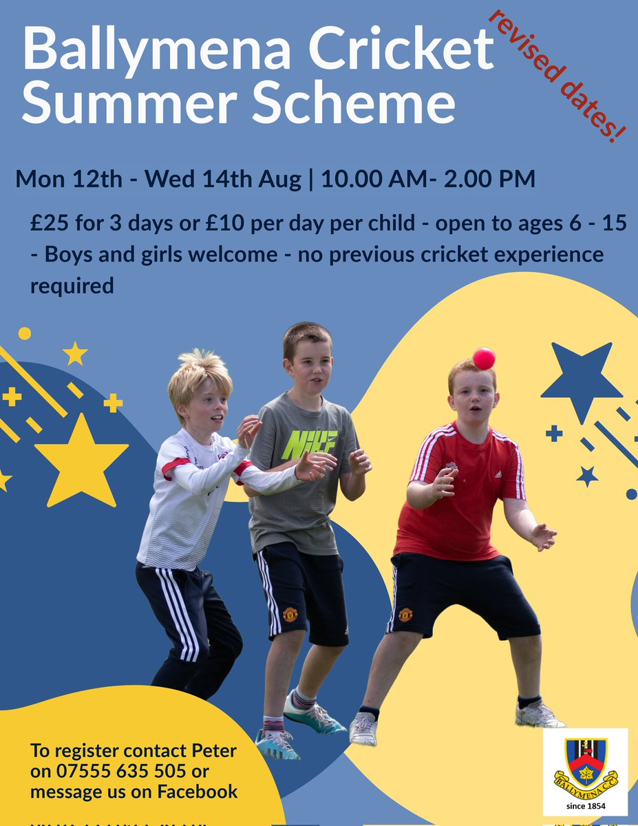 Tomorrow sees the start of this year's summer scheme running until Wednesday.  Fun for all children, whether they have played before or not.  Register in advance or simply attend on the day!  We look forward to seeing you at Eaton Park 😀🏏😎