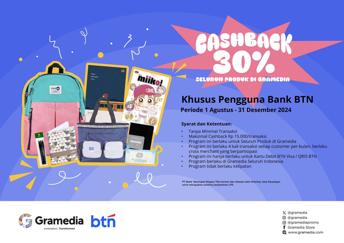 gramediamalang's tweet image. Sobat BTN @bankbtn , jarang2 nih diskon untuk semua produk di Gramedia 😱😱😱
Mana periode nya panjang bgt lagi 🤩
Yakali di-🍇-in doang
#bankbtn #promobank #promobankbtn #gramedia #promogramedia