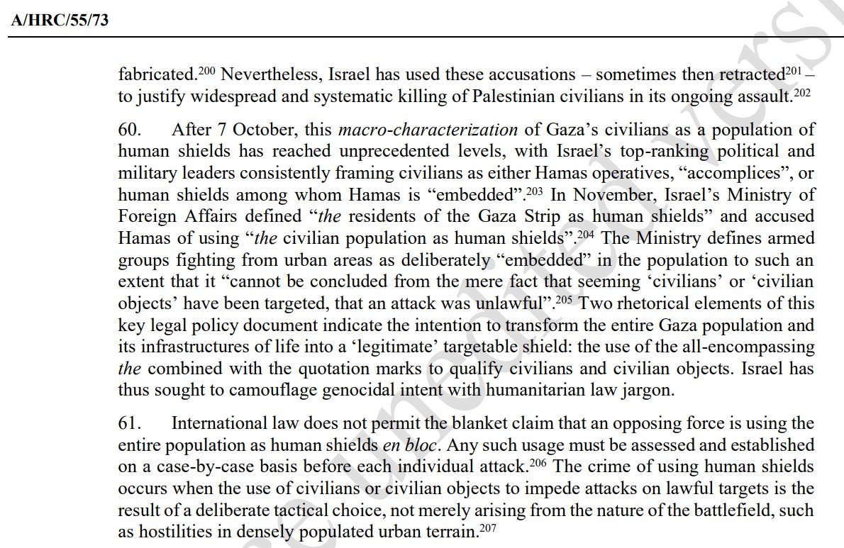 FranceskAlbs's tweet photo. While the US Admin shamefully justifies the #genocide in Gaza, it’s disturbing when that untenable justification comes (without evidence) from a key figure in U.S. humanitarian policy.

In expressing sorrow for "Palestinian civilian casualties in another [IOF] strike on a school & shelter [sic]" 👇Samantha Power interestingly forgets that the even possible presence of combatants in the midst of civilians does NOT justify mass killings and in fact blows up proportionality and distinction principles - the most basic IHL tenets (how many Hamas fighters were in #AlTabeen school? were they in active combat? what precautions were taken to protect civilians in the bombardment of a school used as shelter hosting thousands of displaced people at dawn during prayer time?).

Power also overlooks reports that some of the names provided by Israel as Hamas combatants had either already been extrajudicially executed days before, or were not affiliated to Hamas by the slightest. 

We have seen multiple cases of “human shielding” fabrications by the Israeli military in this genocide - and  in previous wars (see my report A/HRC/55/73, para 68-52 👇). One would expect that someone regarded as a genocide expert wouldn't validate the dehumanizing macro-carachterization of civilians as human shields- and the overall #HumanitarianCamouflage 👇- used to justify the killing of 40,000 Palestinians so far. And counting.