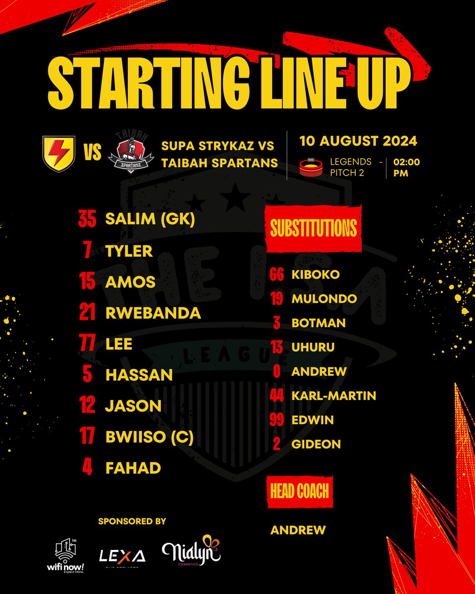 AgaKhanAlumni's tweet photo. Supa Strykaz team news for Match Day 8!
@_THEISALEAGUE | @legendskla | @wifinow_io | #UpTheStrykaz⚡️ | #LexaLogistics | #NialynCosmetics | #ISALeague | #LegendsKla https://t.co/MyjNQJsLDK