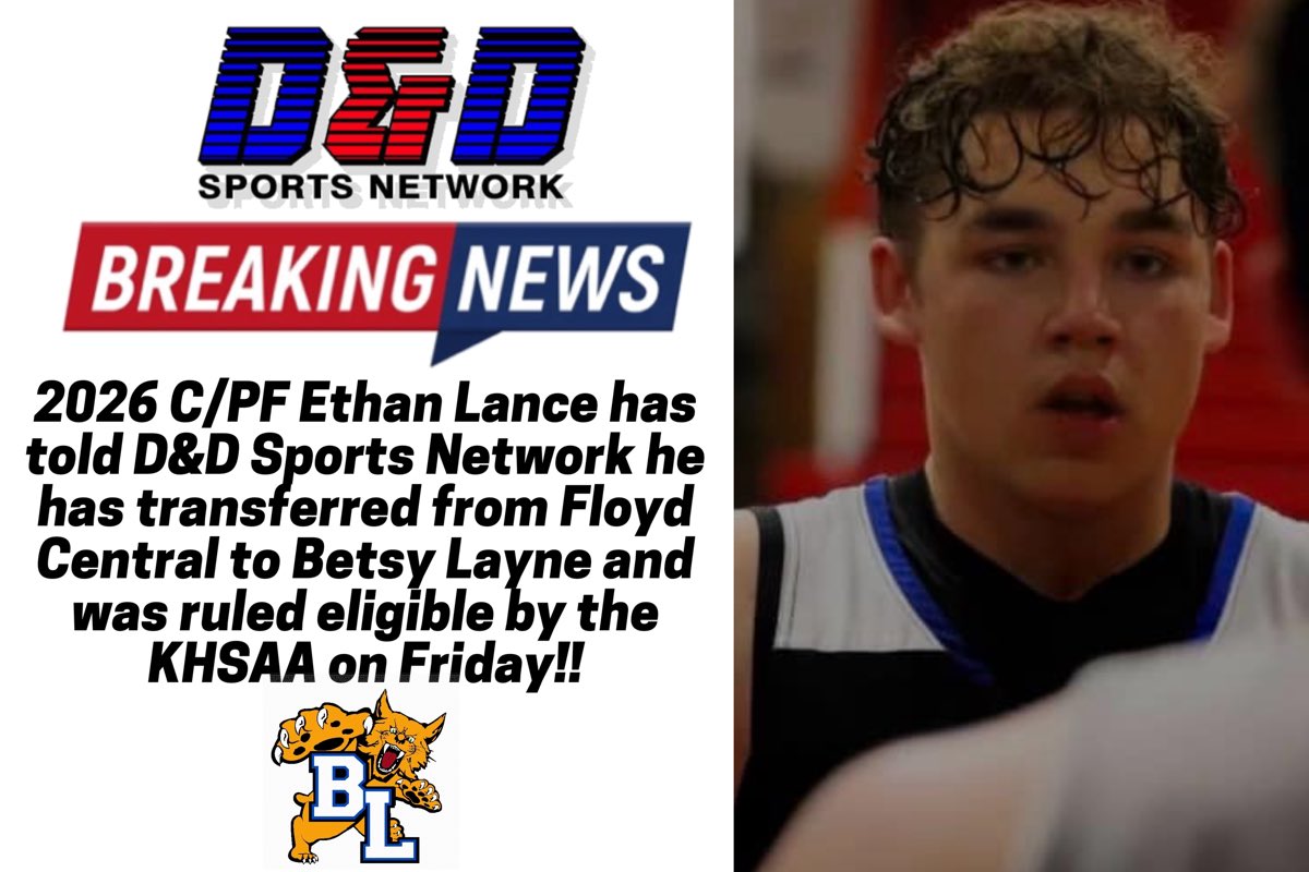 DDSportsNetwork's tweet photo. BREAKING NEWS:

2026 C/PF Ethan Lance has told D&D Sports Network he has transferred from Floyd Central to Betsy Layne and 
was ruled eligible by the KHSAA on Friday! Lance is a skilled “Big” that relies on his fundamentals in the paint to punish opposing defenses, his game is unique in the way that he has the body type to beat & bang down low but can also pop outside and knock down a three point bucket from time to time. Lance is a nice pickup for the Bobcats, he solidifies a versatile front line that includes Ethan Hammond & Gavyn Combs with some fantastic guard play surrounding the trio on the interior!!