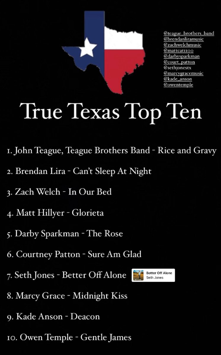 TrueTexasTopTen's tweet image. Support these talented Texans because we are the ones who keep them going! We will never stop supporting them here at the truest Texas top ten around!

#TTTT