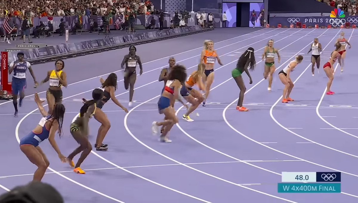 JeffDLowe's tweet photo. Dominance by #TeamUSA Women’s 4x400m #Gold Medal team summed up by photos:

- Close on first pass, then Sydney McLaughlin-Levrone says night night 8 seconds later

- Max zoom out still had 2nd place out of frame

- Such a blowout that they needed TWO photos for the photo finish https://t.co/5kDbRTIrZt