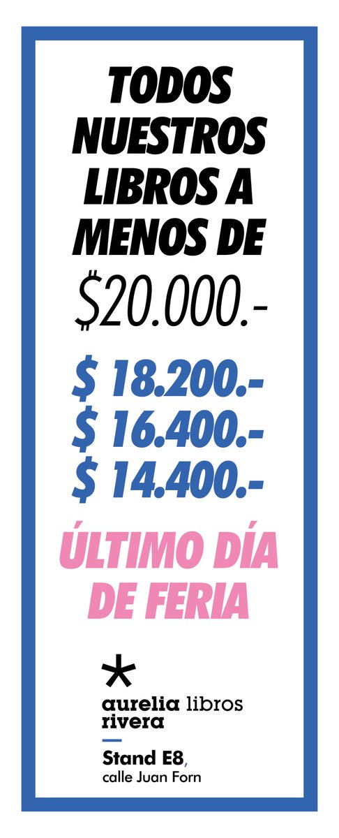 pablocorto68's tweet photo. [amantes de los libros]
El último día de la @FEditores es el de los precios populares de #aureliariveralibros en el #StandE8 de la calle #JuanForn.
—
Te esperamos de 14 a 21, la entrada es libre y gratuita.
C. art media center https://t.co/DxfbfVqGss
