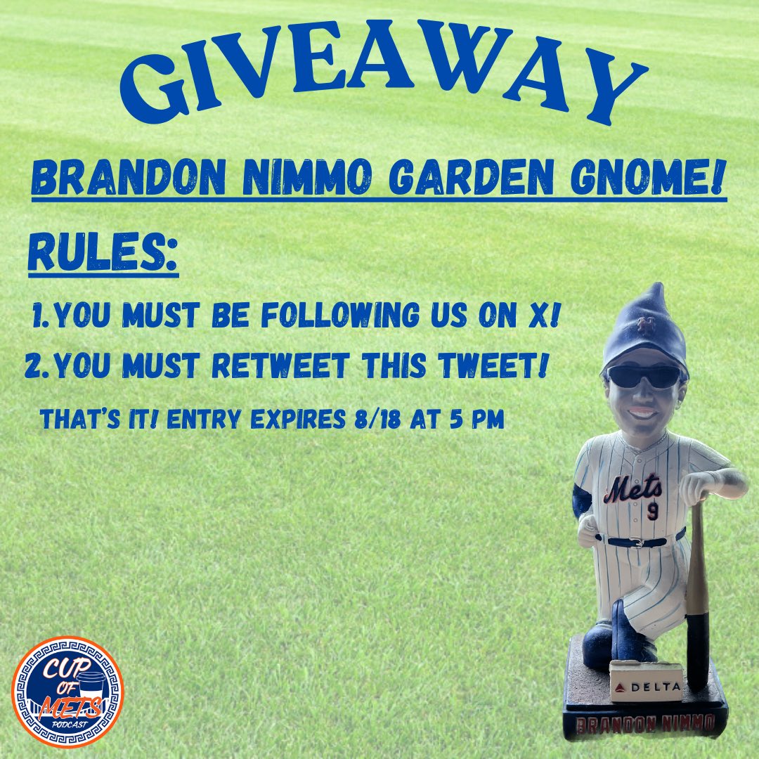 We’ve got a little #giveaway action brewing on over this way ☕️👀

We’re giving away a Brandon Nimmo Garden Gnome which the #Mets gave out during the 2019 season. 

Rules are simple: FOLLOW US ON X &amp; RETWEET THIS TWEET. That’s it. Entry Expires 08/18 at 5 PM. #LGM  #MetsTwitter