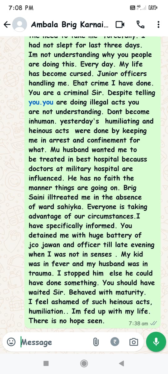 ColAmitkumar's tweet photo. There is no action or inquiry ordered till date for:-
1. Using military police for victim women officer and a patient undergoing pschyiatric treatment on two occasions 3 Aug 24 and 5 Aug 24 by Brig Karnail Singh.
2. Interference in ongoing  criminal judicial proceeding in Himachal pradesh by illegally detaining her under such conditions by misuse of force and power
3. Causing humiliation to the reputation senior Officers through such Forces when she was sick & undergoing treatment?
4. Causing disruption in her medical treatment by influence?
5. Abetting an attempt of suicide by her through such humiliation?
6. Using Army Info warrior fake accounts for spreading fake message against her to defame her?
7. For not following provisions of ordering  mandatory court of inquiry in such case against the para 522 of regulations for Army 1987 volume 1.
8. Being medico legal case and intentional  medical negligence depriving her treatment?
9. Suspending her against the suspension policies.
@westerncomd_IA @adgpi @narendramodi @rajnathsingh @DGPHaryana @HARYANAPOLICEHQ @India_NHRC @NCWIndia @MinistryWCD @JPNadda @PMOIndia @DefenceMinIndia @AmbalaPolice pl take action before it's get too late she was kept in ICU and now shifted again under the same Command and doctors. Protect her and give back her honour and dignity. An independent Inquiry is required.